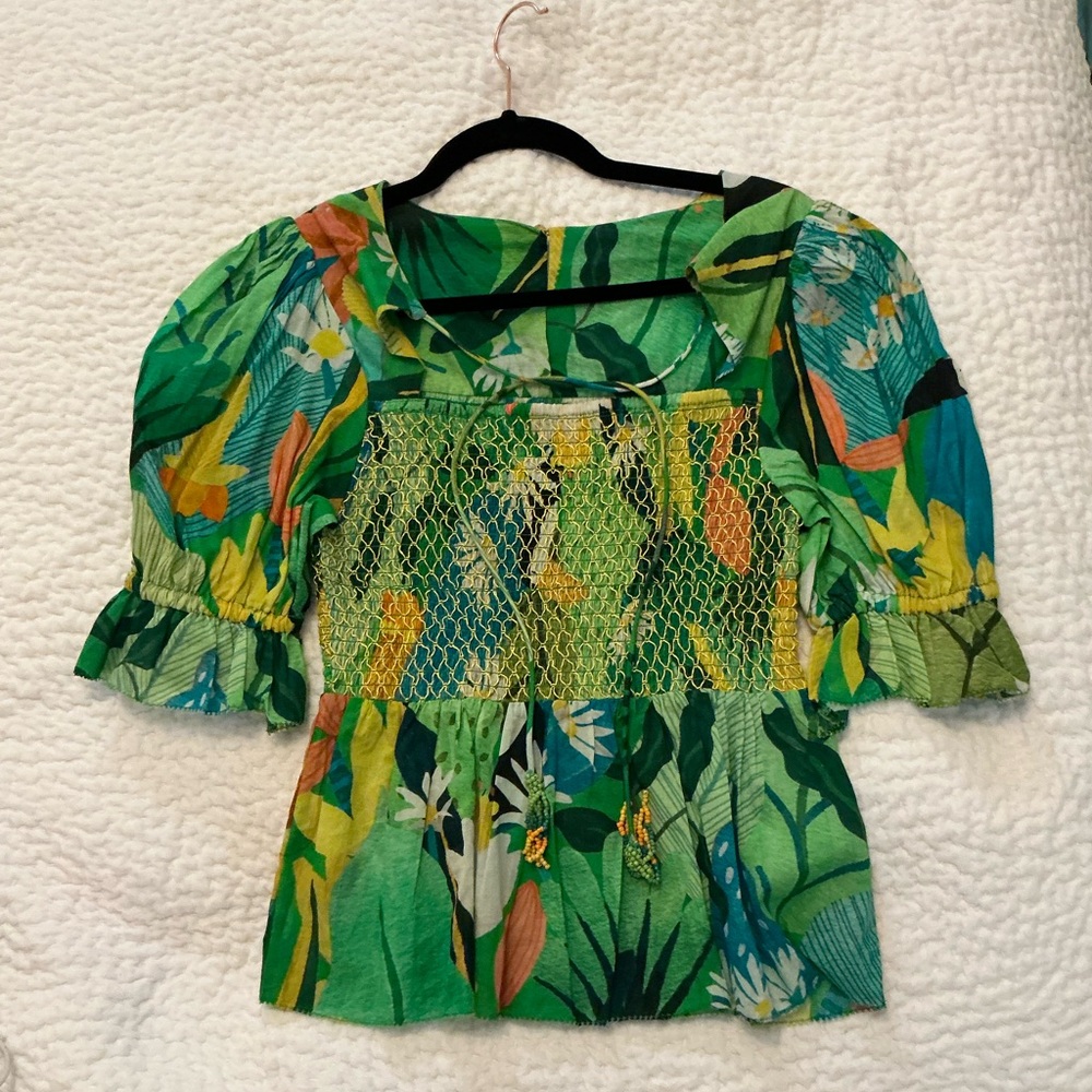 NEW- FARM Rio Vintage Toucans Smocked Peplum Top- Size XS